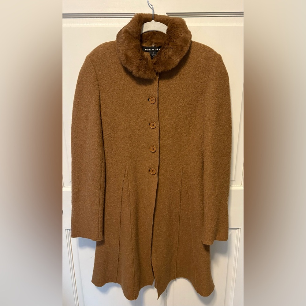 Revue tan 100% boiled wool faux fur collar vintage jacket coat womens s small